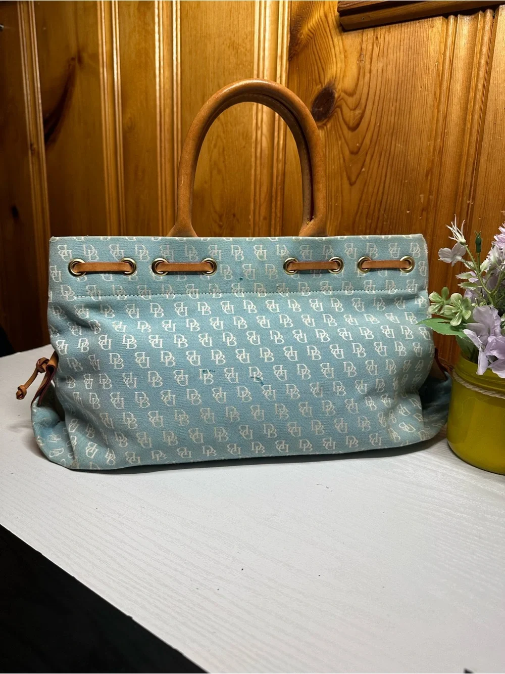 Dooney & Bourke Light Blue Monogram Drawstring Tote with Tan Trim